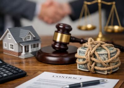 Close-up of a real estate–themed scene on a desk, featuring a judge’s gavel, a small model house, and a bundle of cash tied with rope, with a contract and calculator in the foreground and a blurred handshake and scales of justice in the background.