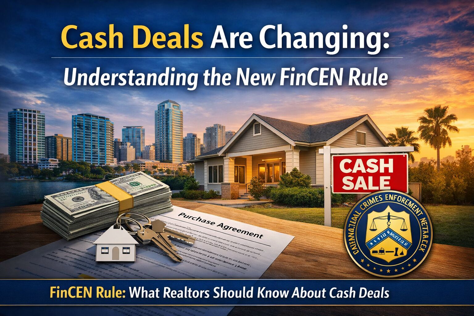 Real estate graphic showing cash home purchase and the new FinCEN reporting rule for certain real estate transactions.